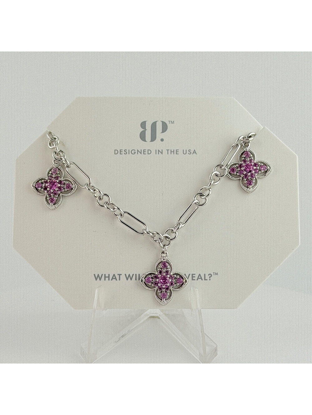 Bomb Party “The Rosalie Necklace” NK35843  Rose Corundum on Rhodium Clover Charm